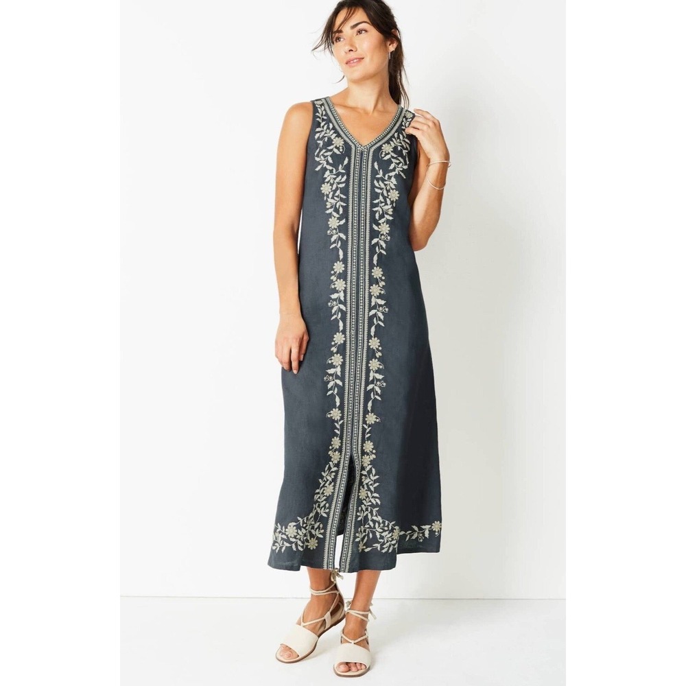 J. Jill Pure 100% Linen Dress Gray Embroidered V-Neck Long Sleeveless SZ Medium